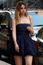 Cathy Navy Puff Ball Strapless Mini Dress with Ruching Details