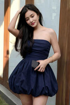 Cathy Navy Puff Ball Strapless Mini Dress with Ruching Details