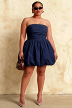 Plus Size Model in LVLVS Cathy Navy Stretch Cotton Poplin Dress for Inclusive Party and Wedding Guest Looks