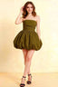 Cathy Olive Puff Ball Strapless Mini Dress with Ruching Details