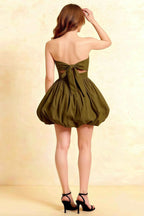 Cathy Olive Puff Ball Strapless Mini Dress with Ruching Details