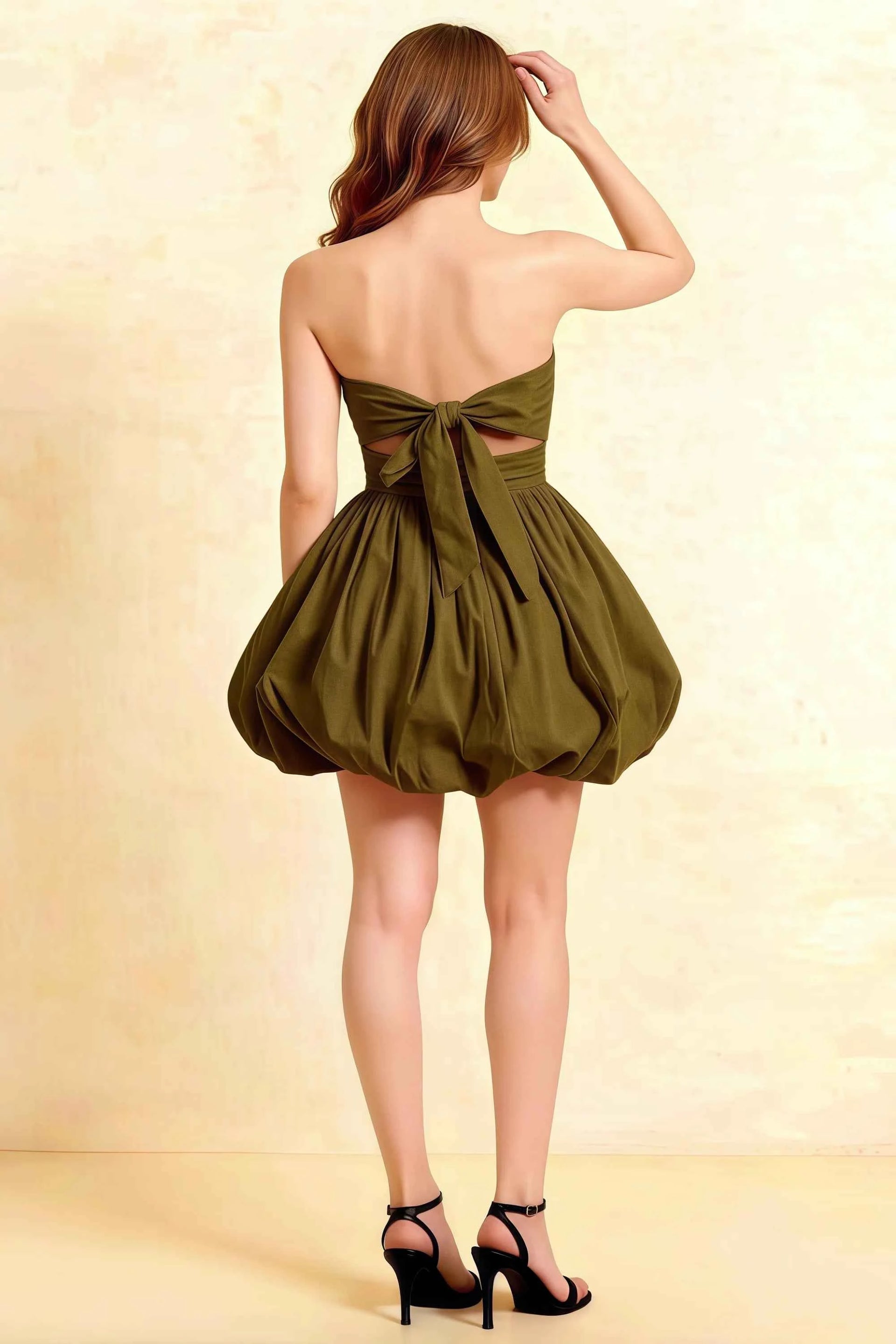 Cathy Olive Puff Ball Strapless Mini Dress with Ruching Details