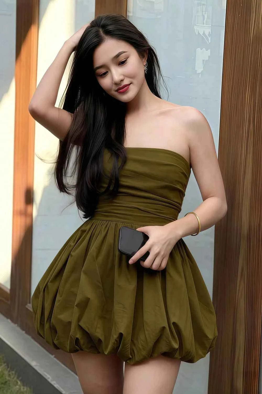Cathy Olive Puff Ball Strapless Mini Dress with Ruching Details