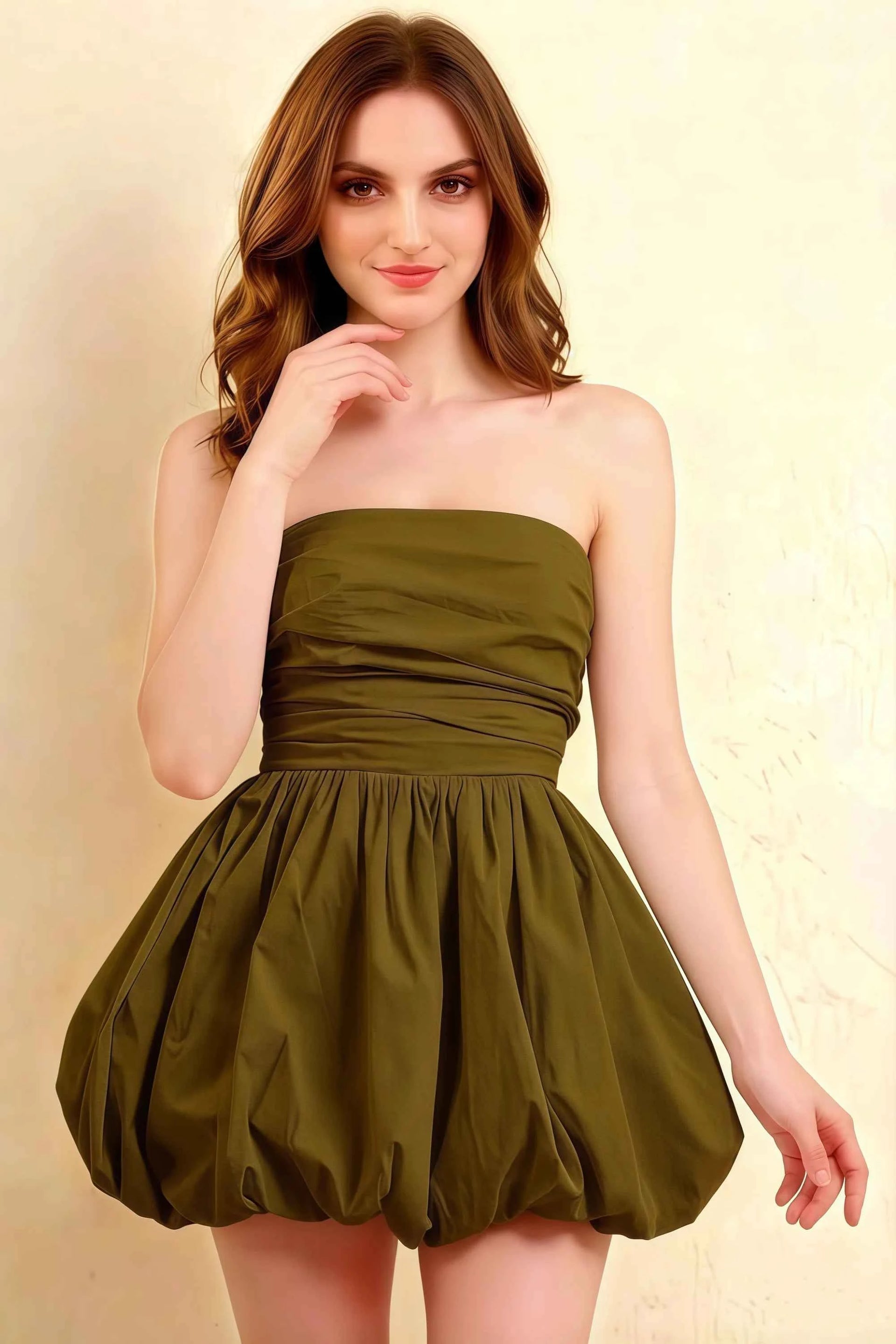 Cathy Olive Puff Ball Strapless Mini Dress with Ruching Details