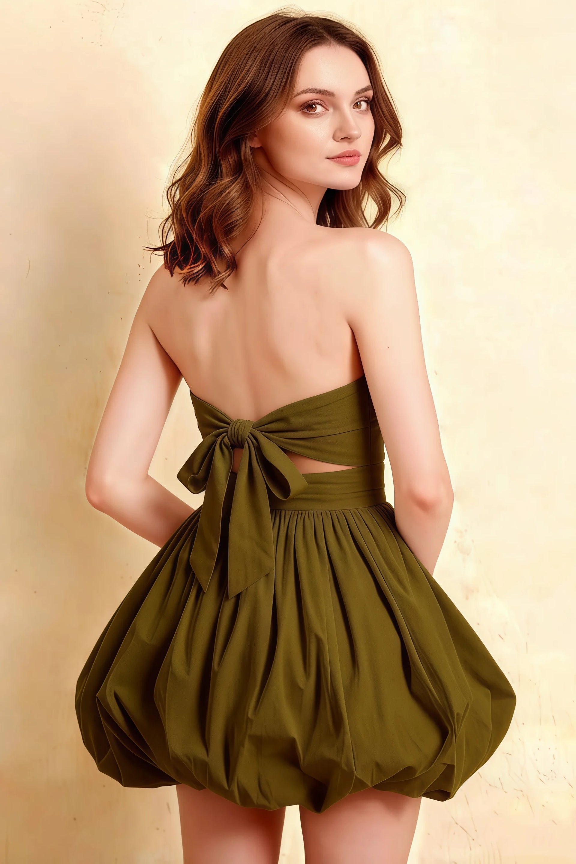 Three-Quarter View of LVLVS Cathy Olive Puff Ball Dress Showcasing Back Tie Detail Ideal for Semi-Formal Weddings and Graduation