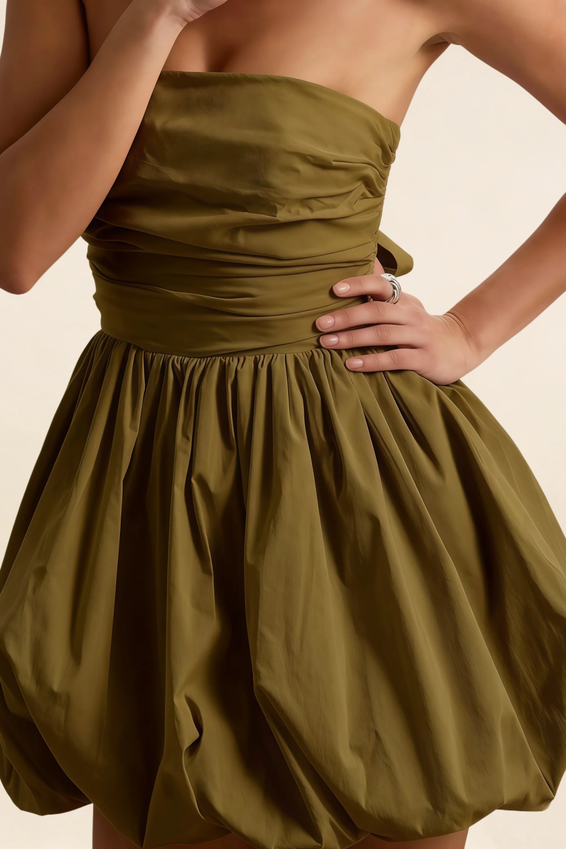 Close-Up Waist Detail of LVLVS Olive Cathy Strapless Dress Highlighting Stretch Cotton Poplin Fabric for Office Work and Casual Day