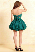 Cathy Peacock Puff Ball Strapless Mini Dress with Ruching Details