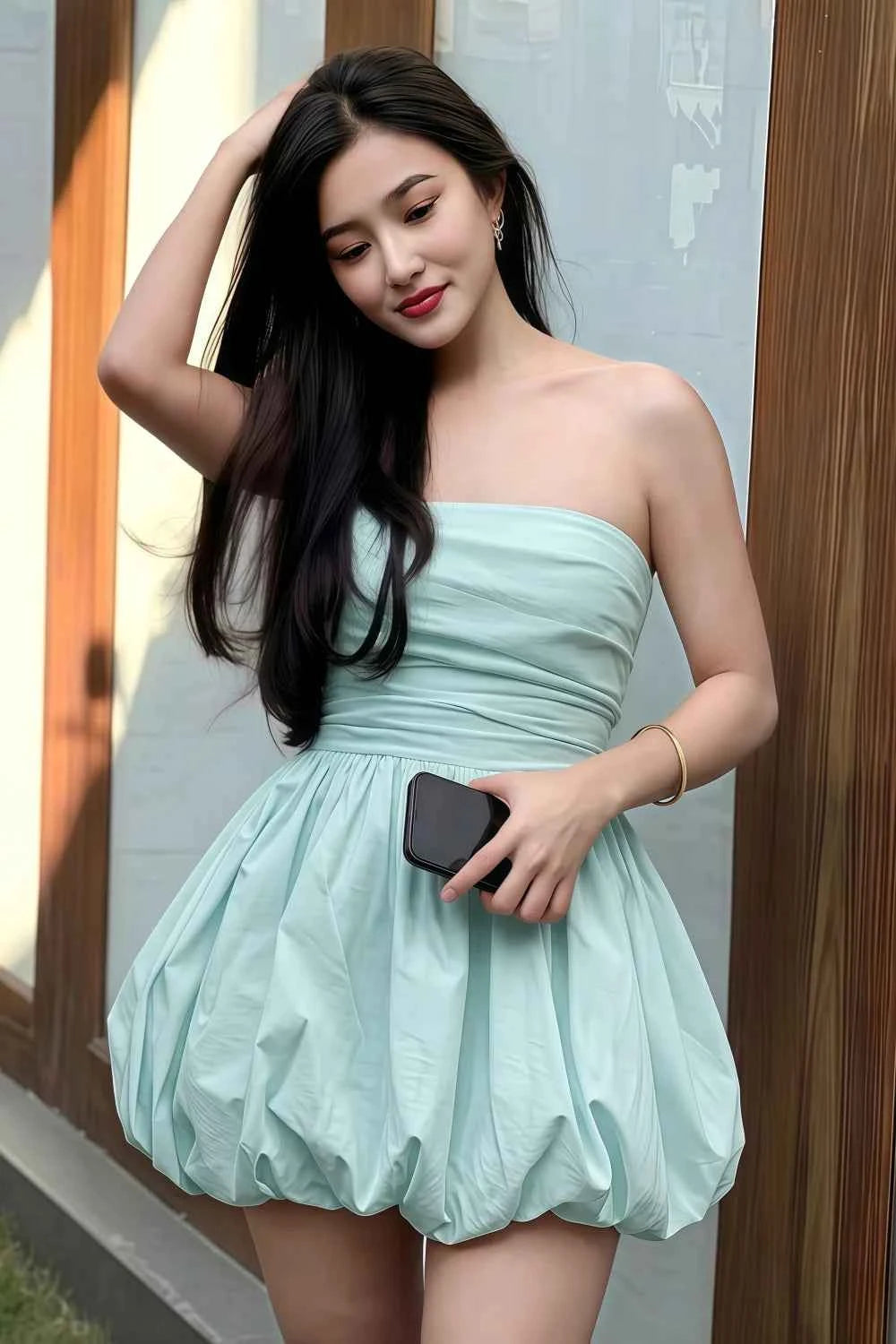 Cathy Powder Blue Puff Ball Strapless Mini Dress with Ruching Details