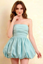 Close Up Front View of LVLVS Cathy Powder Blue Ruched Bodice Mini Dress for Semi-Formal Occasions