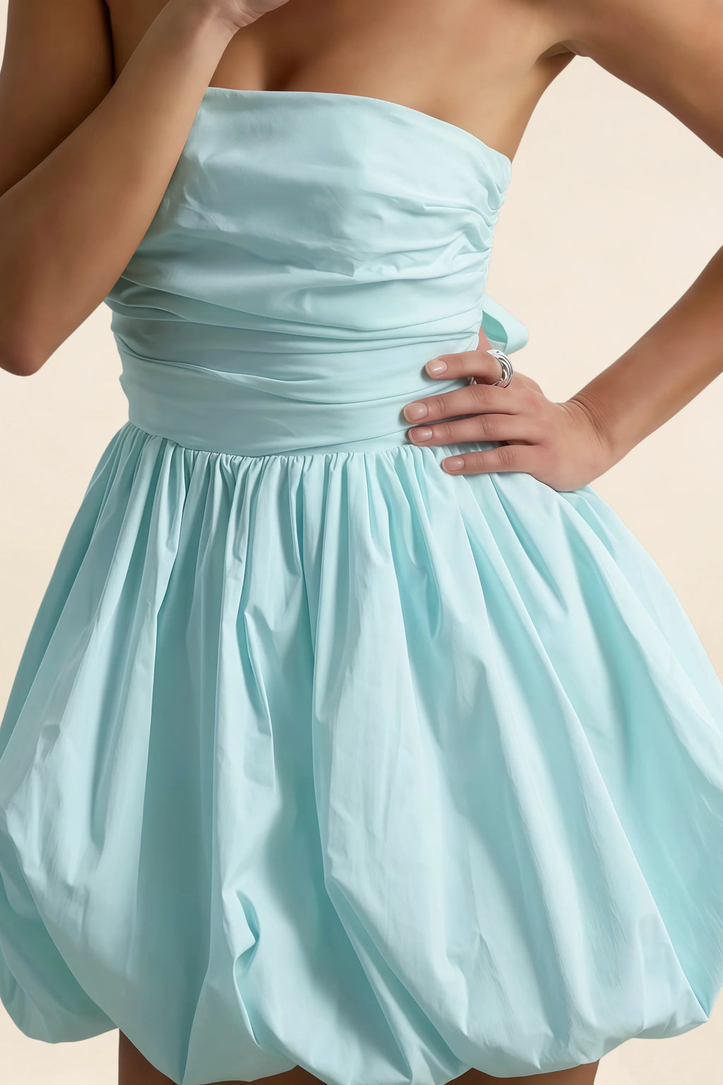 Detailed Look at LVLVS Cathy Powder Blue Stretch Cotton Poplin Fabric and Ruching Design for Prom and Parties