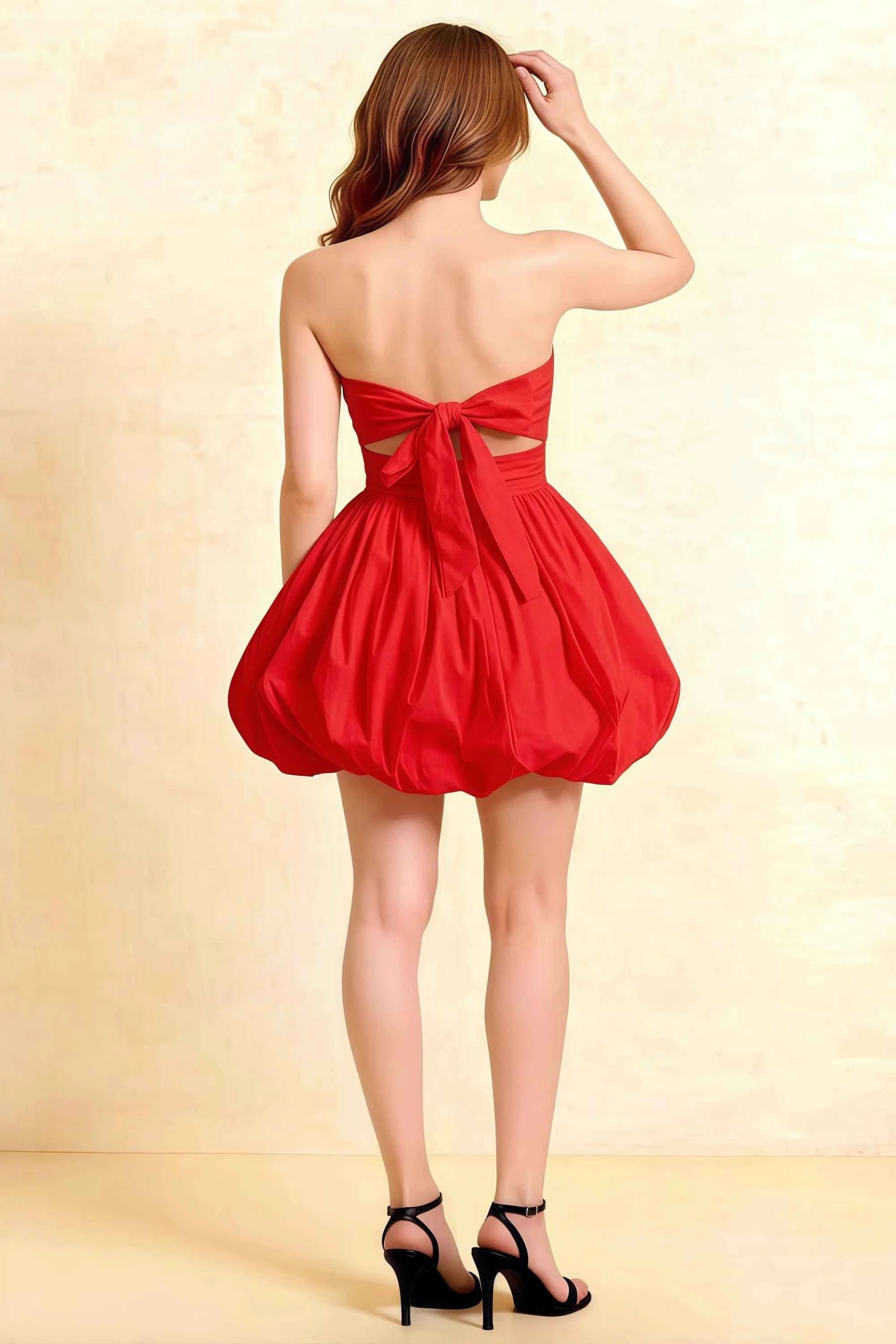 Cathy Red Puff Ball Strapless Mini Dress with Ruching Details