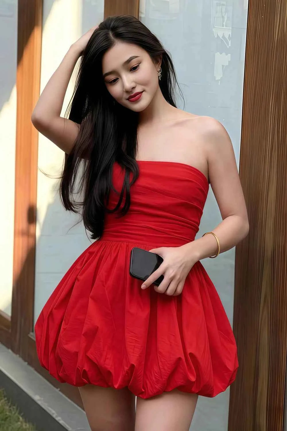 Cathy Red Puff Ball Strapless Mini Dress with Ruching Details