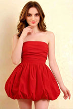 Cathy Red Puff Ball Strapless Mini Dress with Ruching Details