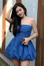 Cathy Royal Blue Puff Ball Strapless Mini Dress with Ruching Details