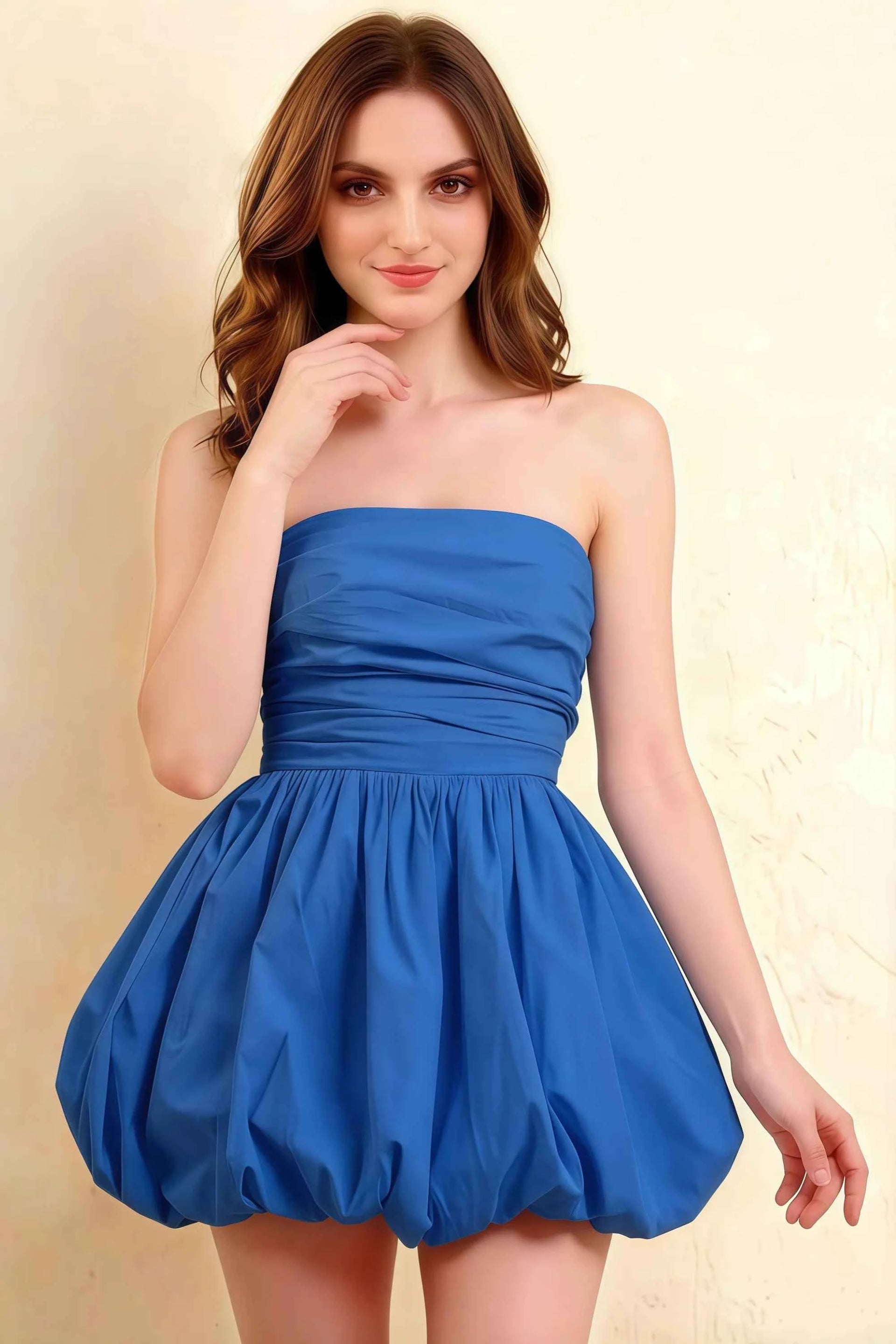 Cathy Royal Blue Puff Ball Strapless Mini Dress with Ruching Details