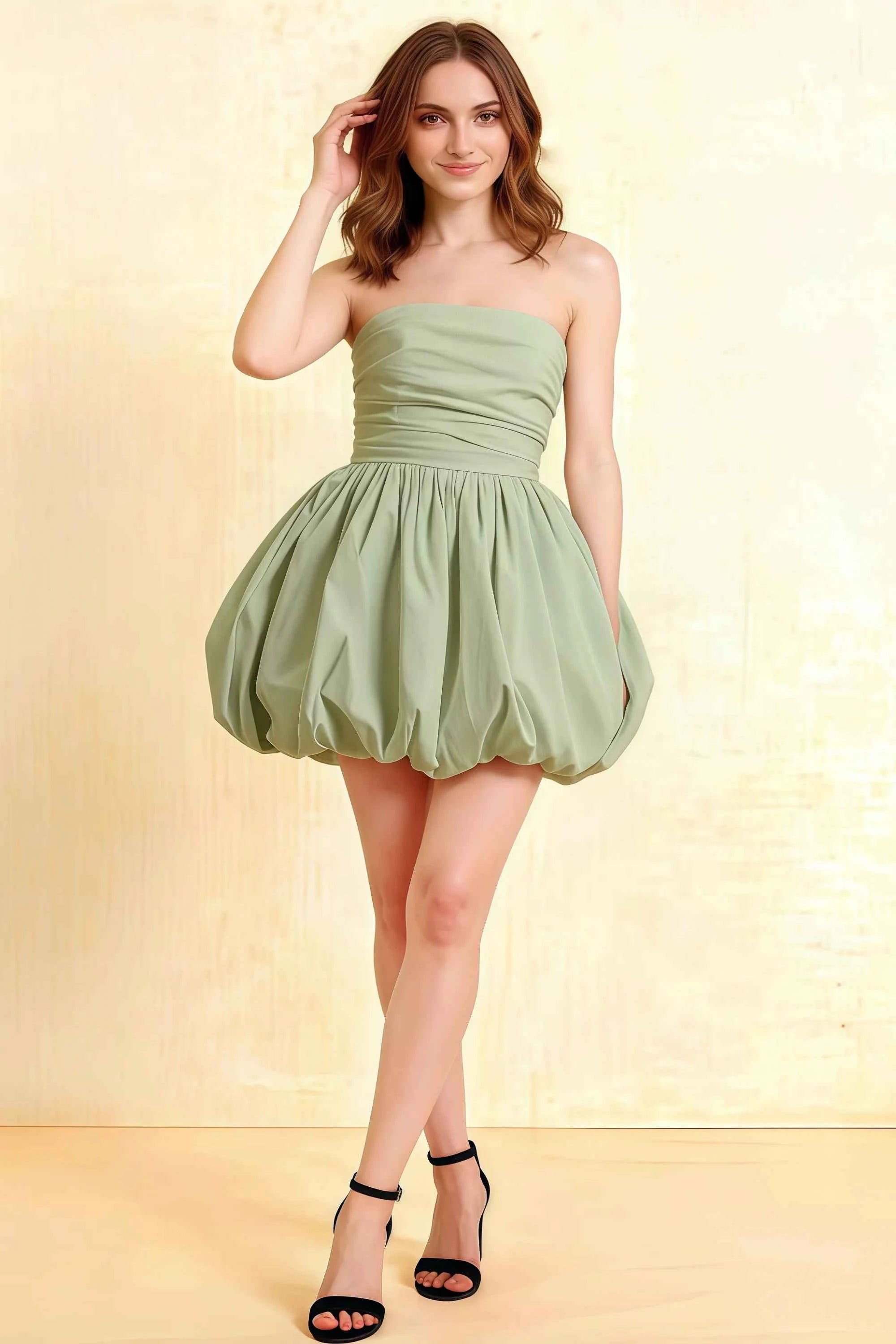 Cathy Sage Green Puff Ball Strapless Mini Dress with Ruching Details Main image