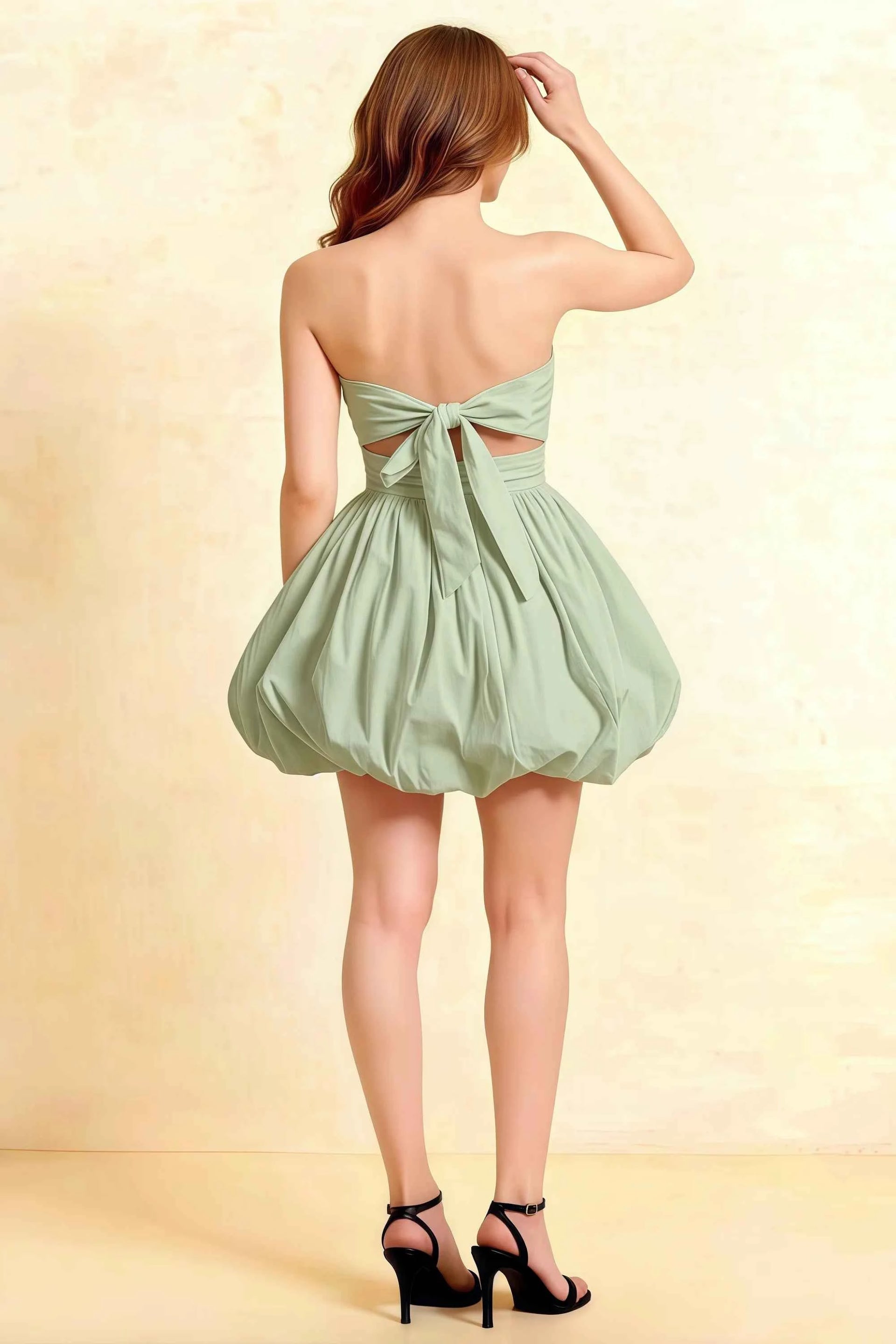 Cathy Sage Green Puff Ball Strapless Mini Dress with Ruching Details