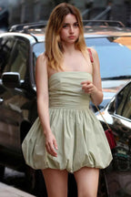 Cathy Sage Green Puff Ball Strapless Mini Dress with Ruching Details