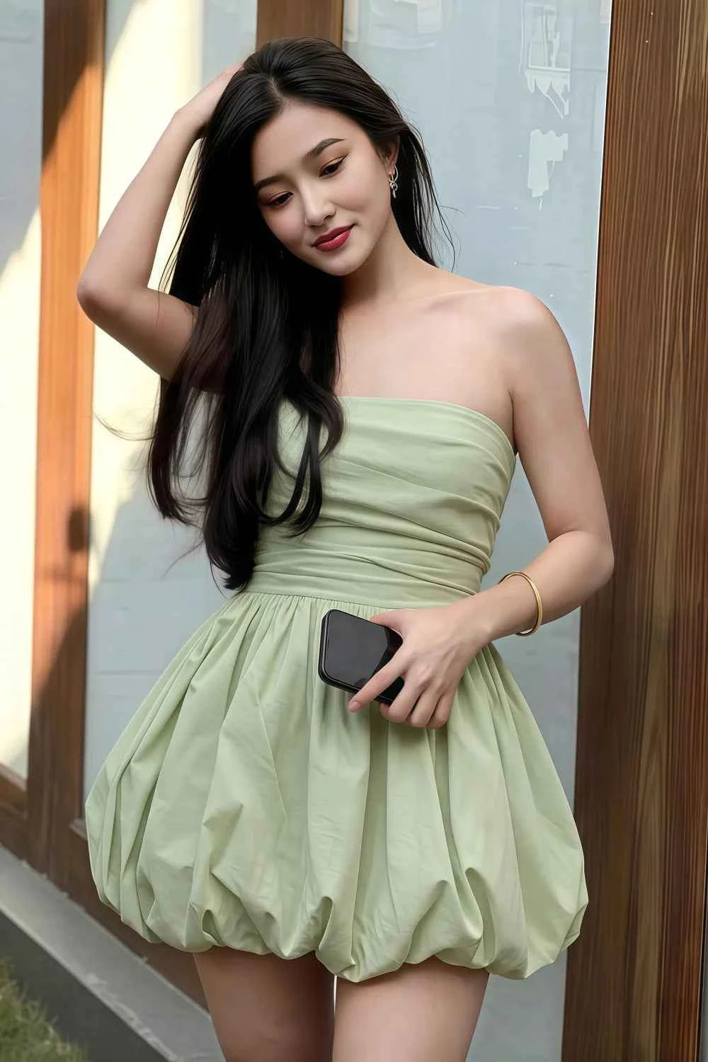 Cathy Sage Green Puff Ball Strapless Mini Dress with Ruching Details