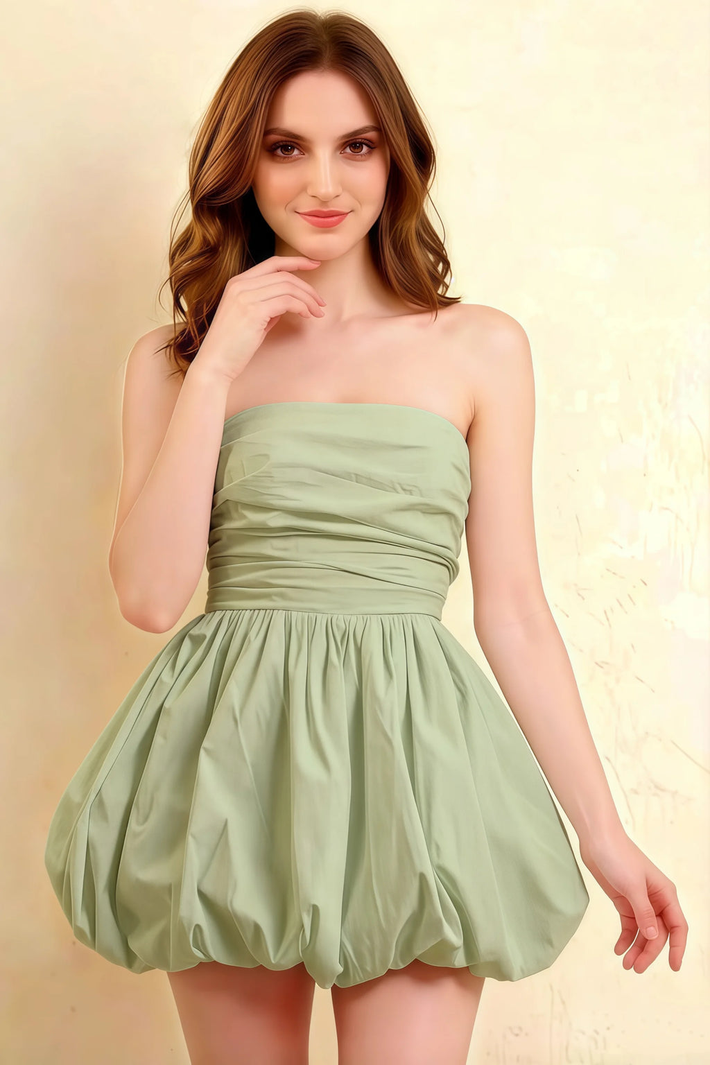 LVLVS Cathy sage green ruched bust puff ball strapless mini dress for cocktail event