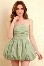 LVLVS Cathy sage green ruched bust puff ball strapless mini dress for cocktail event