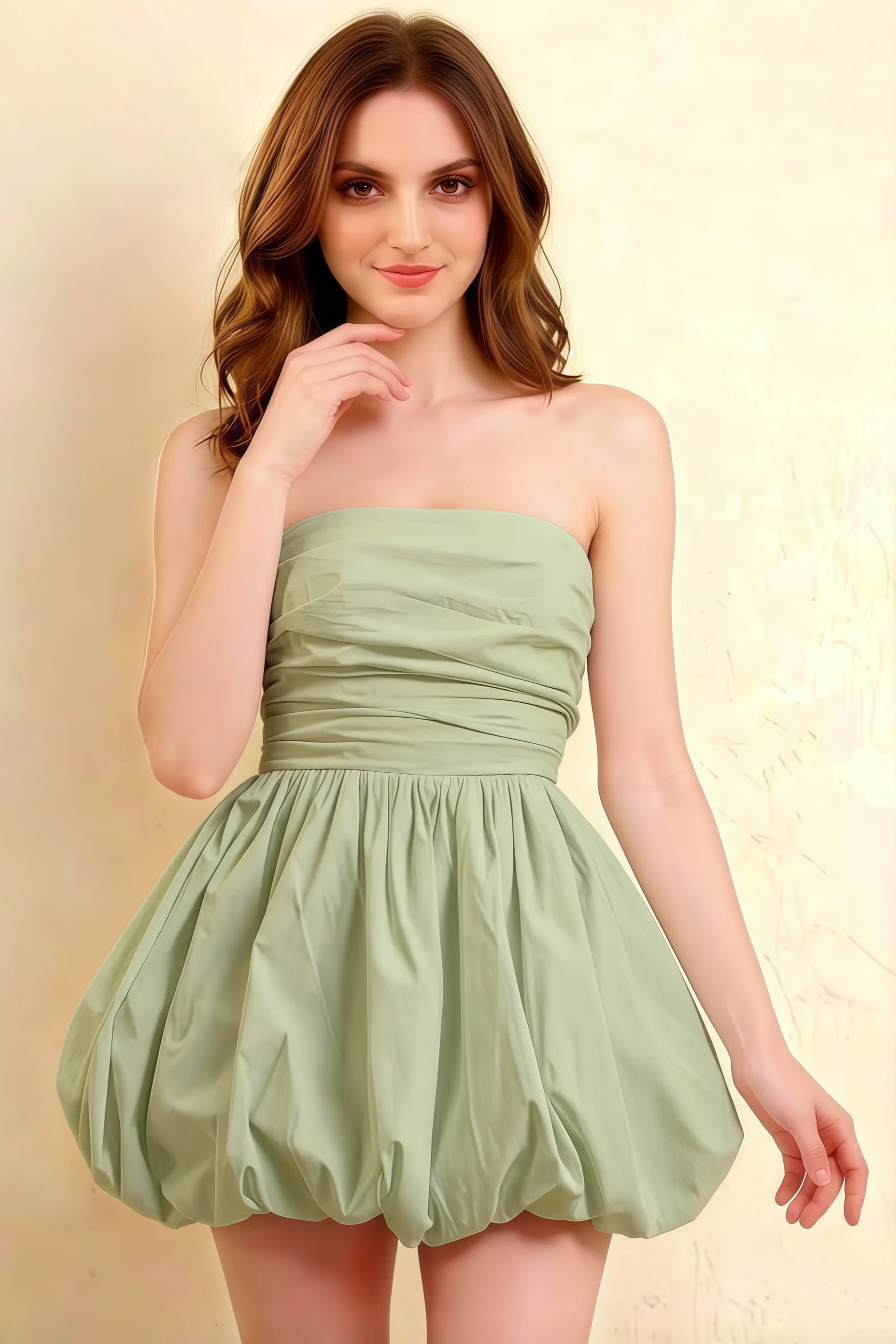 LVLVS Cathy sage green ruched bust puff ball strapless mini dress for cocktail event