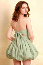 LVLVS Cathy sage green strapless mini dress open back bow for semi - formal event