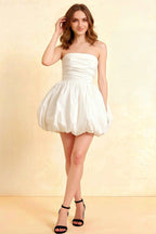 Cathy White Puff Ball Strapless Mini Dress with Ruching Details