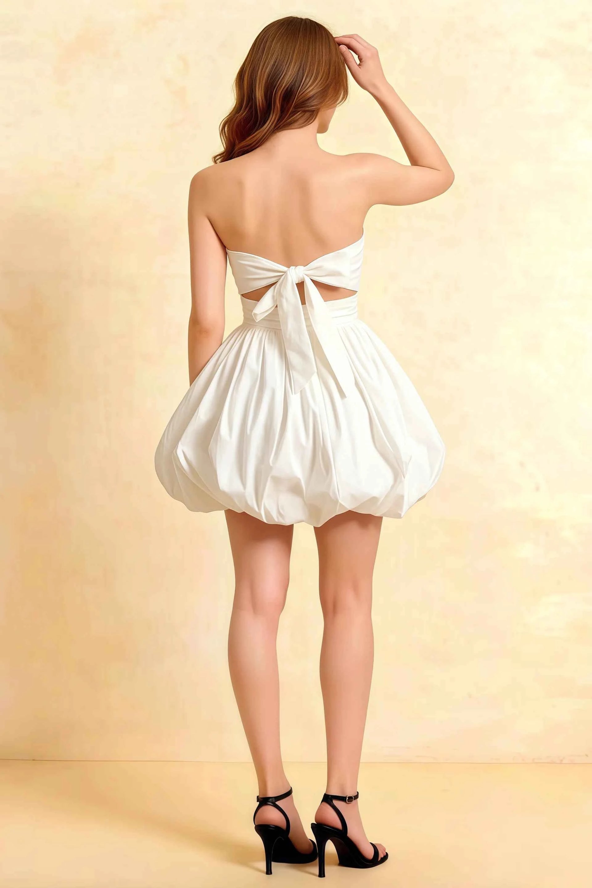 Cathy White Puff Ball Strapless Mini Dress with Ruching Details