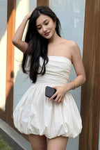 Cathy White Puff Ball Strapless Mini Dress with Ruching Details
