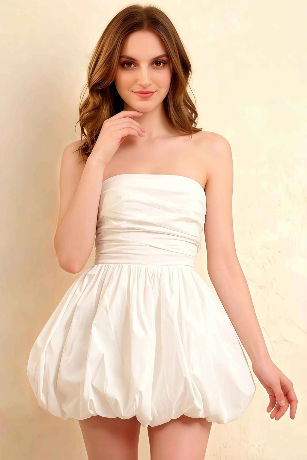 Cathy White Puff Ball Strapless Mini Dress with Ruching Details