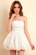 Cathy White Puff Ball Strapless Mini Dress with Ruching Details