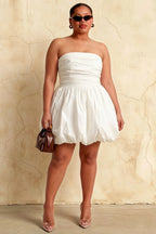 Plus Size Model LVLVS Cathy White Puff Ball Strapless Mini Dress | Stretch Cotton Poplin Formal Party Graduation Wedding Guest Dress