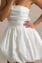 LVLVS Cathy White Puff Ball Strapless Mini Dress Waist Ruching Puff Skirt Detail | Stretch Cotton Poplin Bridesmaid Casual Club Dress