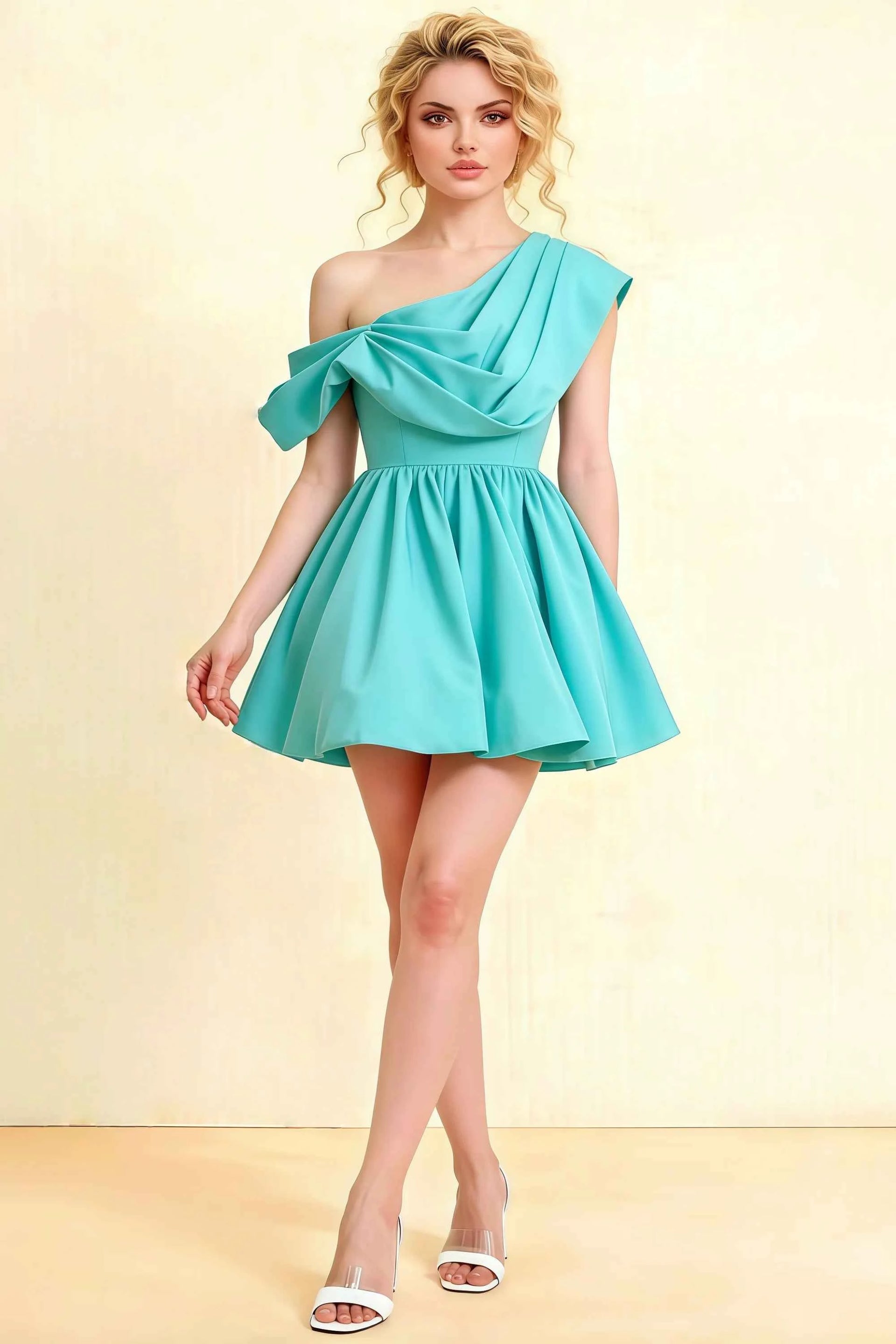 Cecilia Aqua One Shoulder Mini Skater Dress with Draped Asymmetric Neck