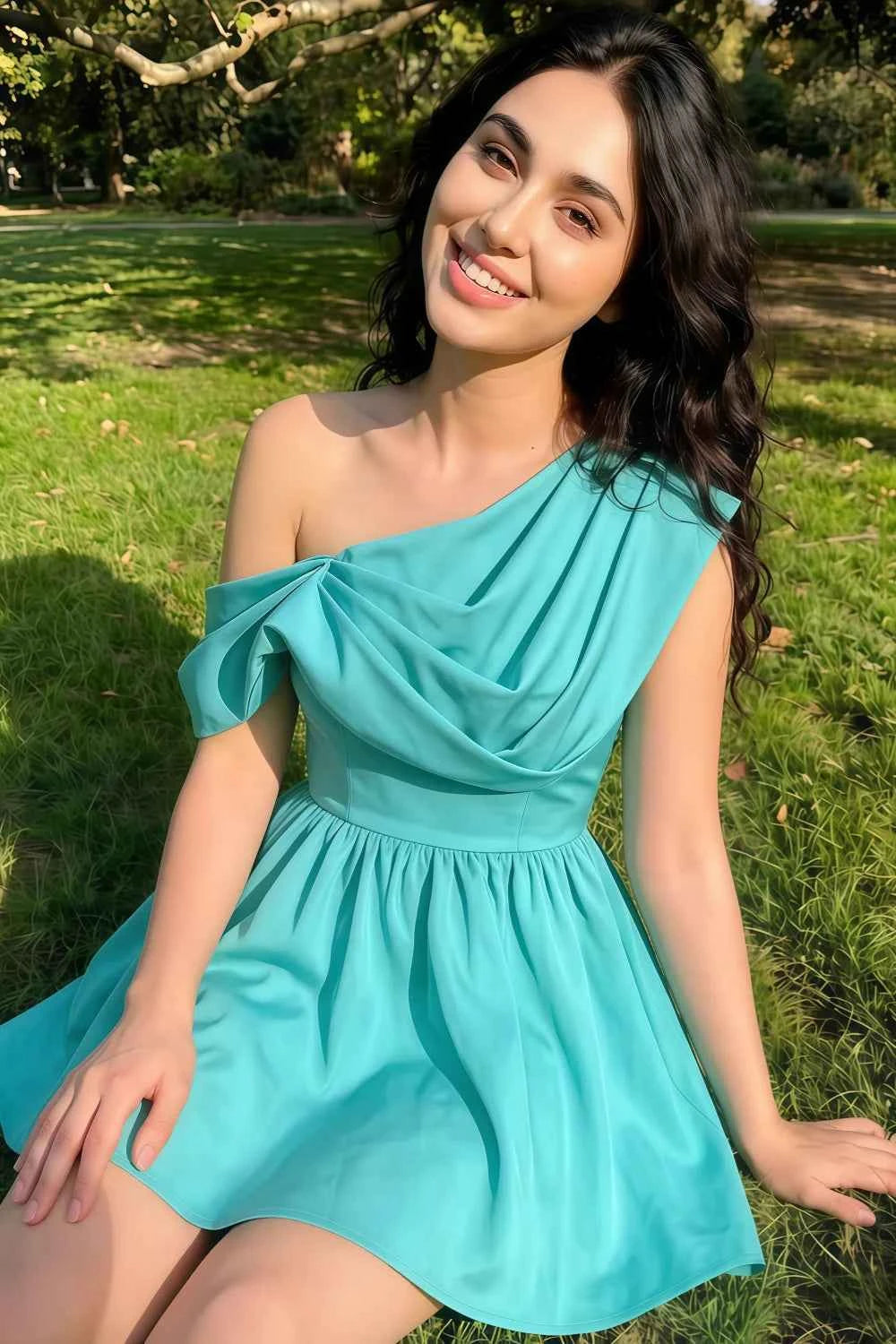 Cecilia Aqua One Shoulder Mini Skater Dress with Draped Asymmetric Neck