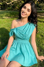Cecilia Aqua One Shoulder Mini Skater Dress with Draped Asymmetric Neck