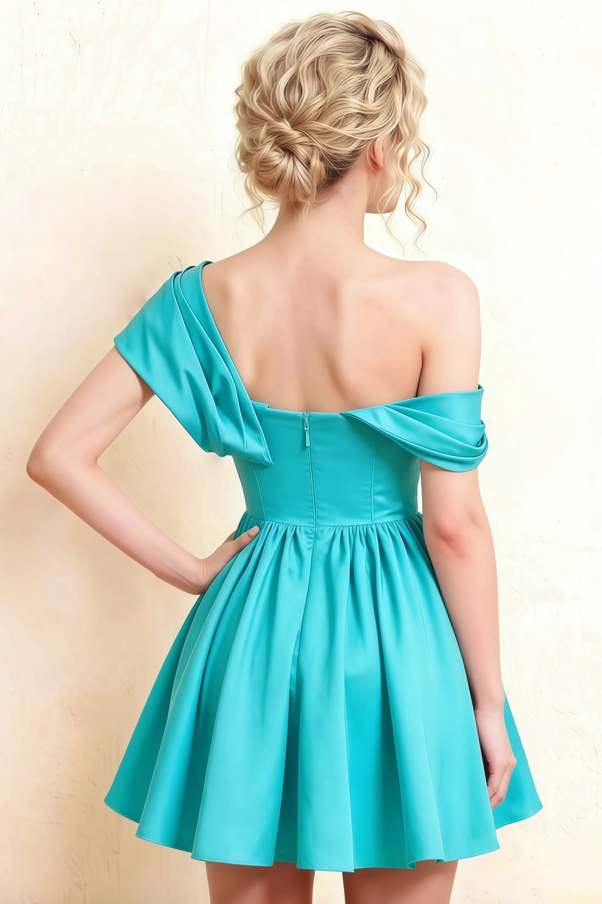 Detailed back view close up of LVLVS Cecilia aqua crepe dress highlighting the fitted waist and zipper closure