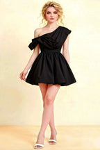 Cecilia Black One Shoulder Mini Skater Dress with Draped Asymmetric Neck