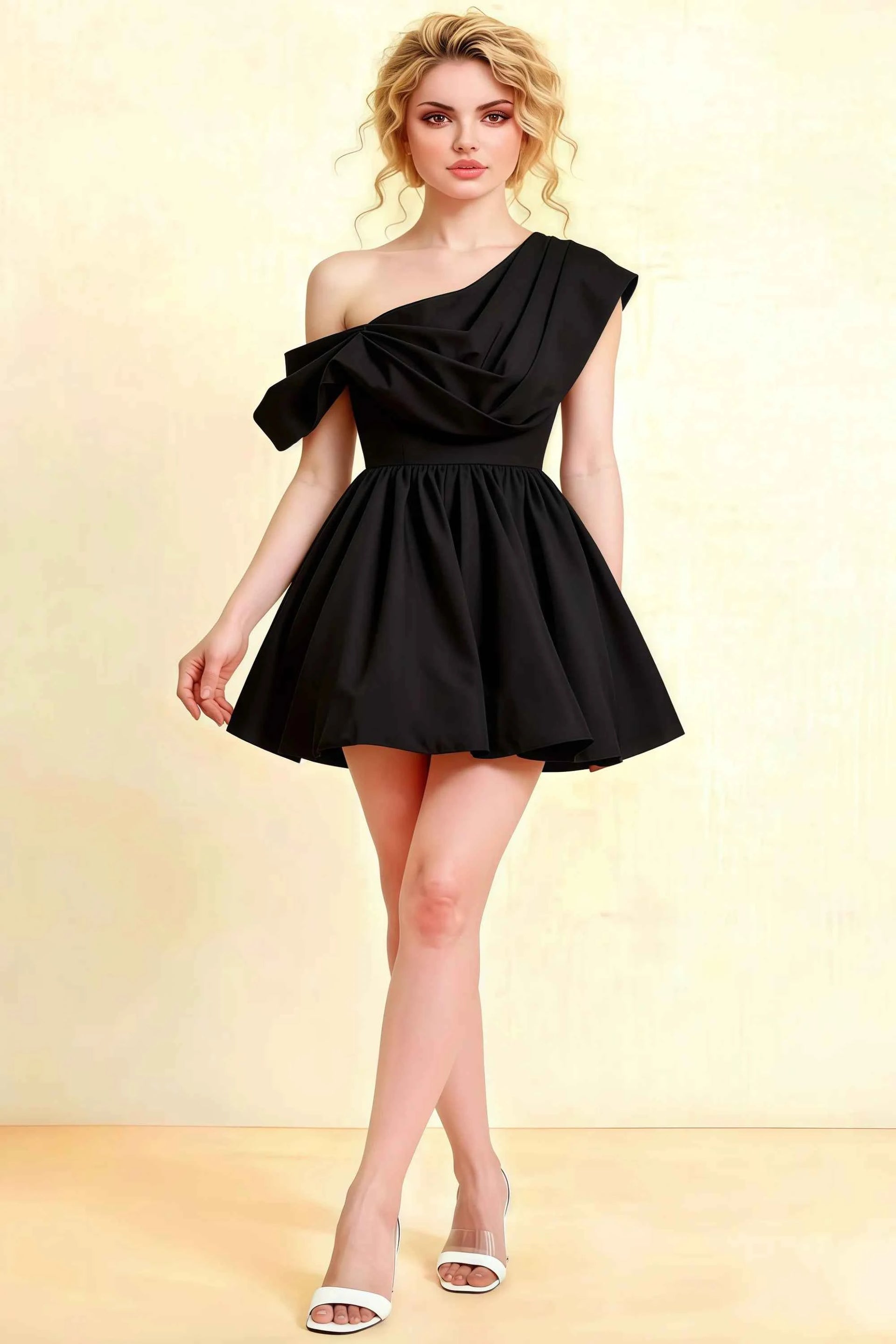 Cecilia Black One Shoulder Mini Skater Dress with Draped Asymmetric Neck