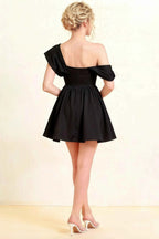 Cecilia Black One Shoulder Mini Skater Dress with Draped Asymmetric Neck
