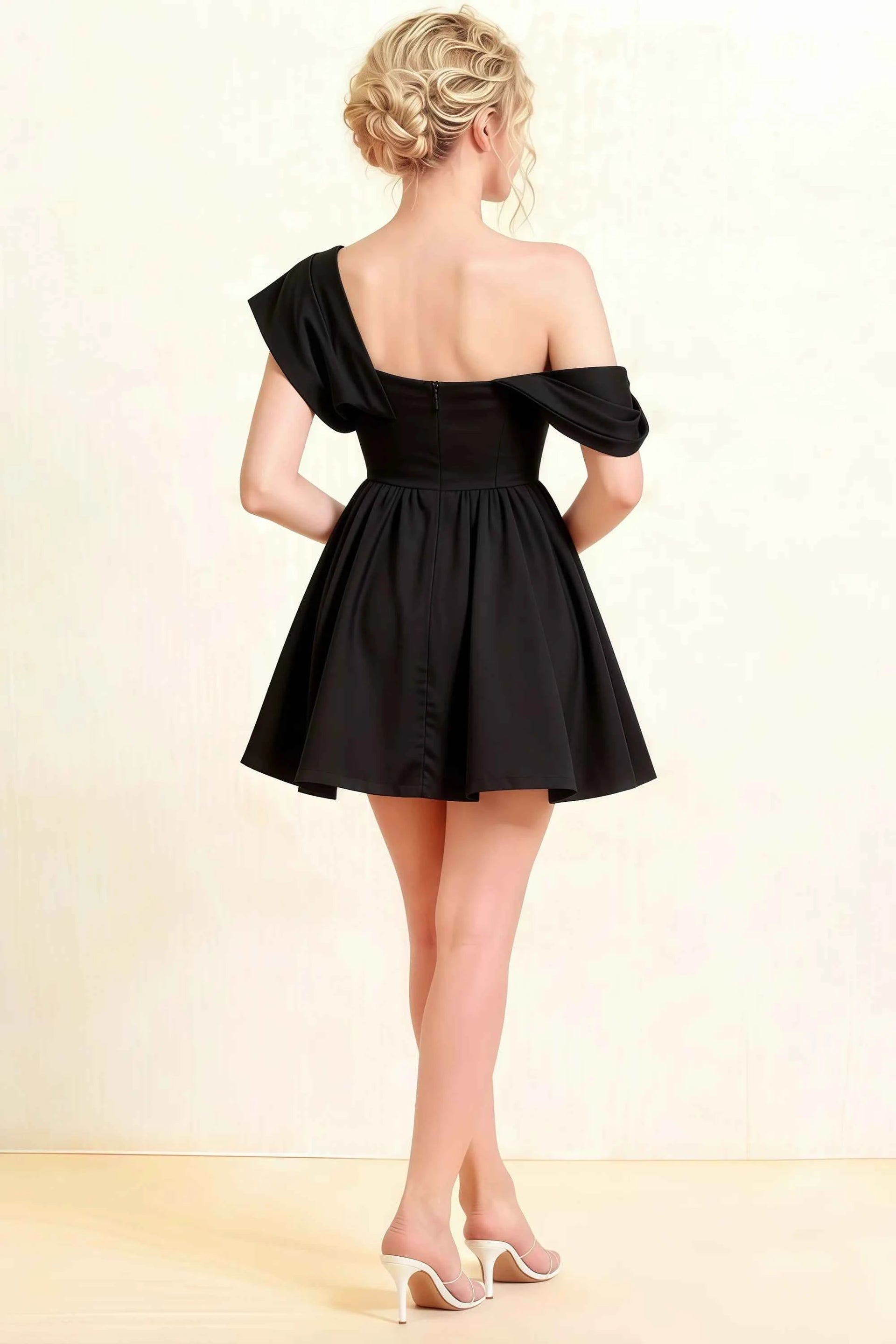 Cecilia Black One Shoulder Mini Skater Dress with Draped Asymmetric Neck