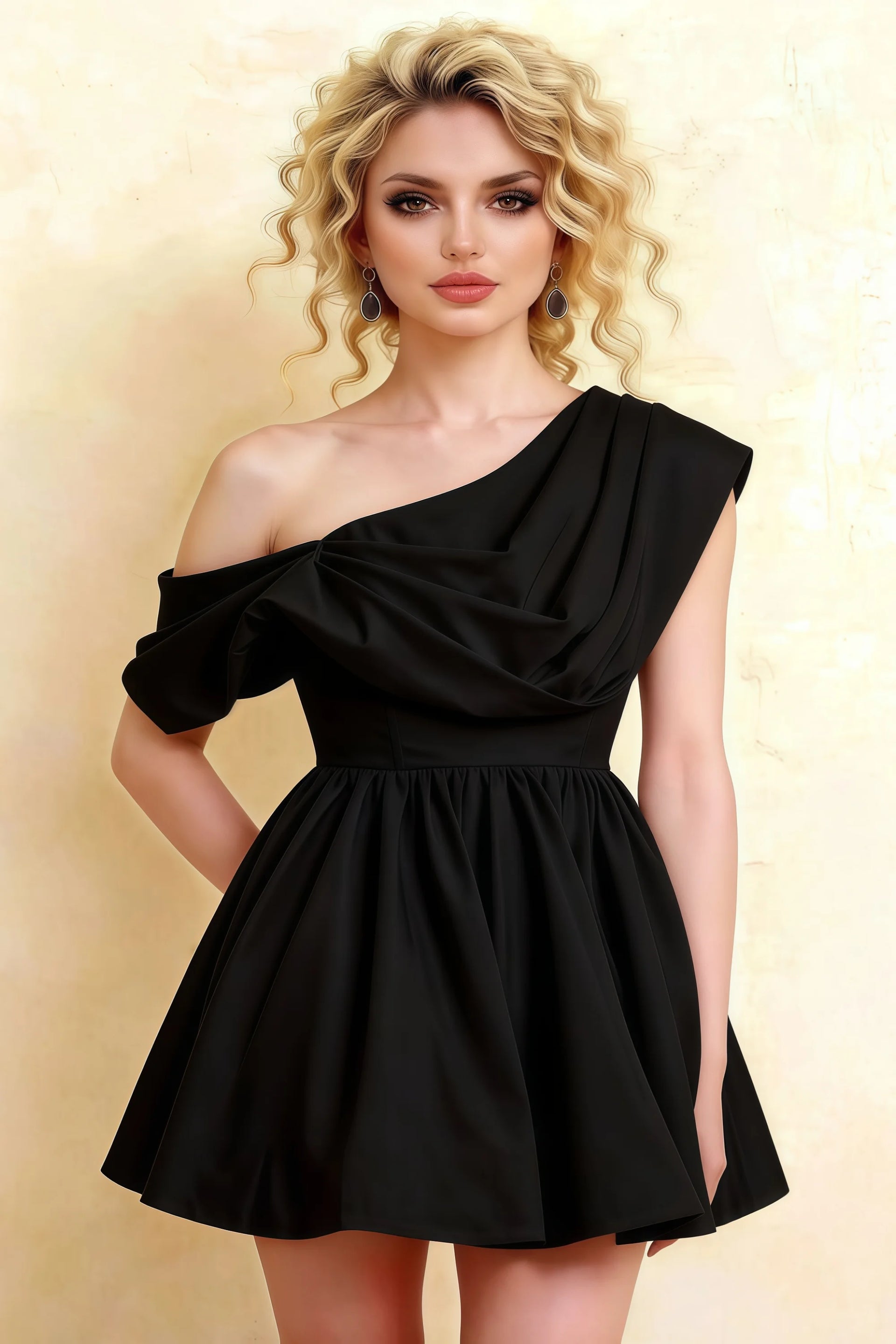LVLVS Cecilia Black One Shoulder Mini Skater Dress Close - Up - Classy Clubbing & Going Out Dress with Crepe Texture