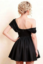 LVLVS Cecilia Black One Shoulder Mini Skater Dress Back Zipper Detail - Sorority Rush & Homecoming Dress