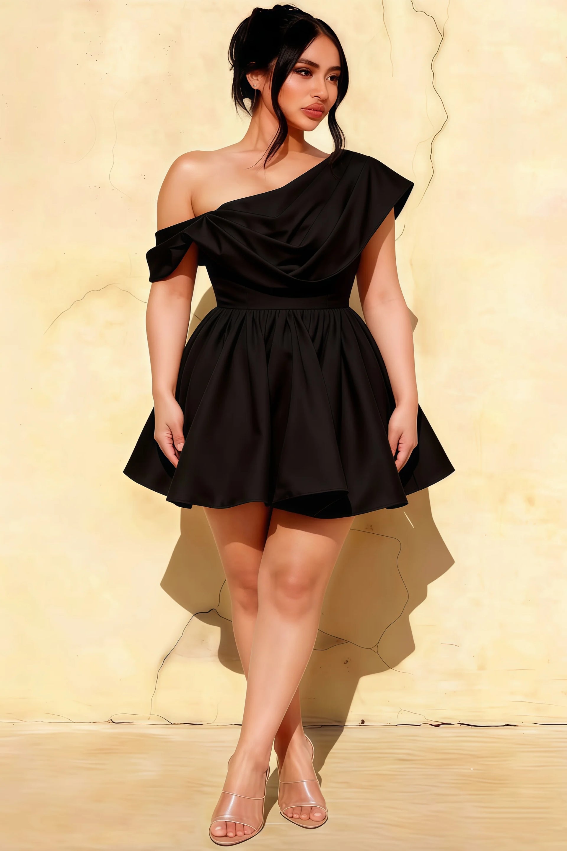 Plus Size Model in LVLVS Cecilia Black One Shoulder Mini Skater Dress - Inclusive Office & Work to Party Dress
