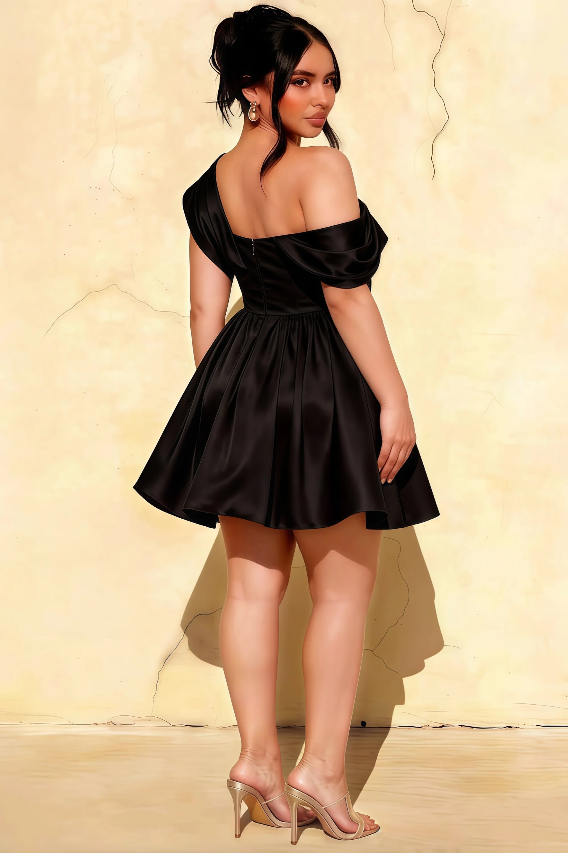 Plus Size LVLVS Cecilia Black One Shoulder Mini Skater Dress Back View - Curve - Friendly Casual & Formal Event Dress