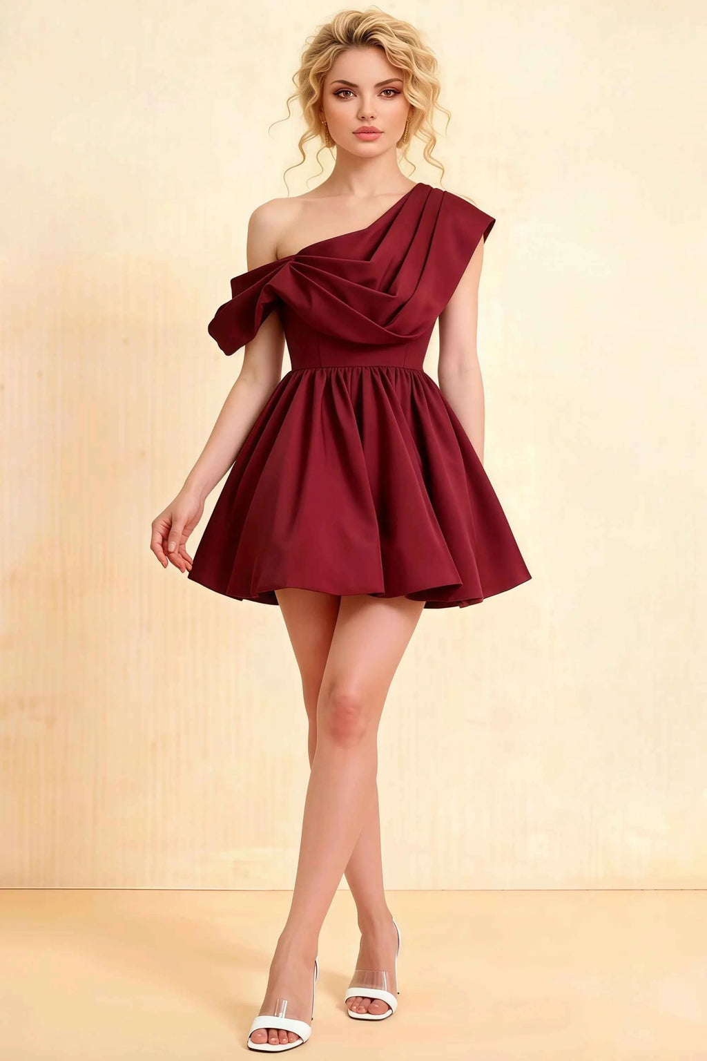 LVLVS Burgundy One Shoulder Mini Skater Dress with Draped Asymmetric Neckline for Cocktail Parties and Formal Events