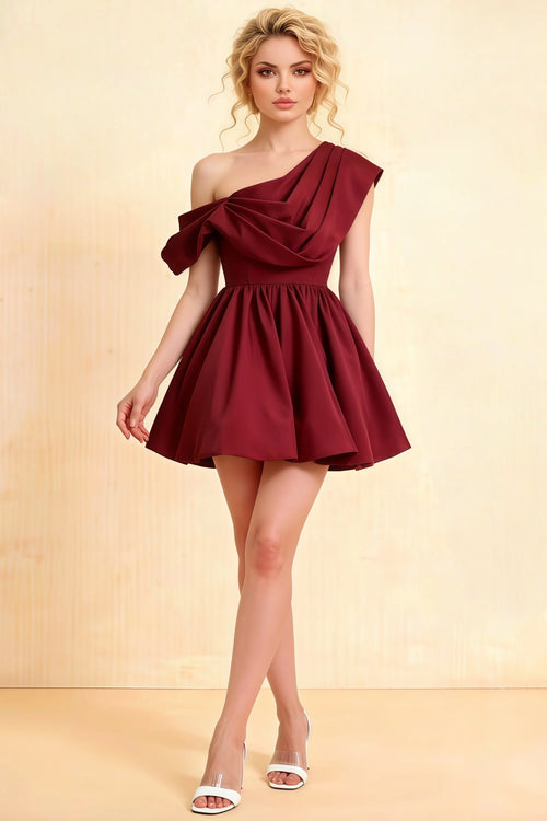 LVLVS Burgundy One Shoulder Mini Skater Dress with Draped Asymmetric Neckline for Cocktail Parties and Formal Events
