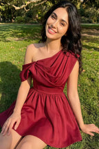 Customer Photo of LVLVS Burgundy Asymmetric Neck Dress Worn to Outdoor Garden Parties and Casual Brunches