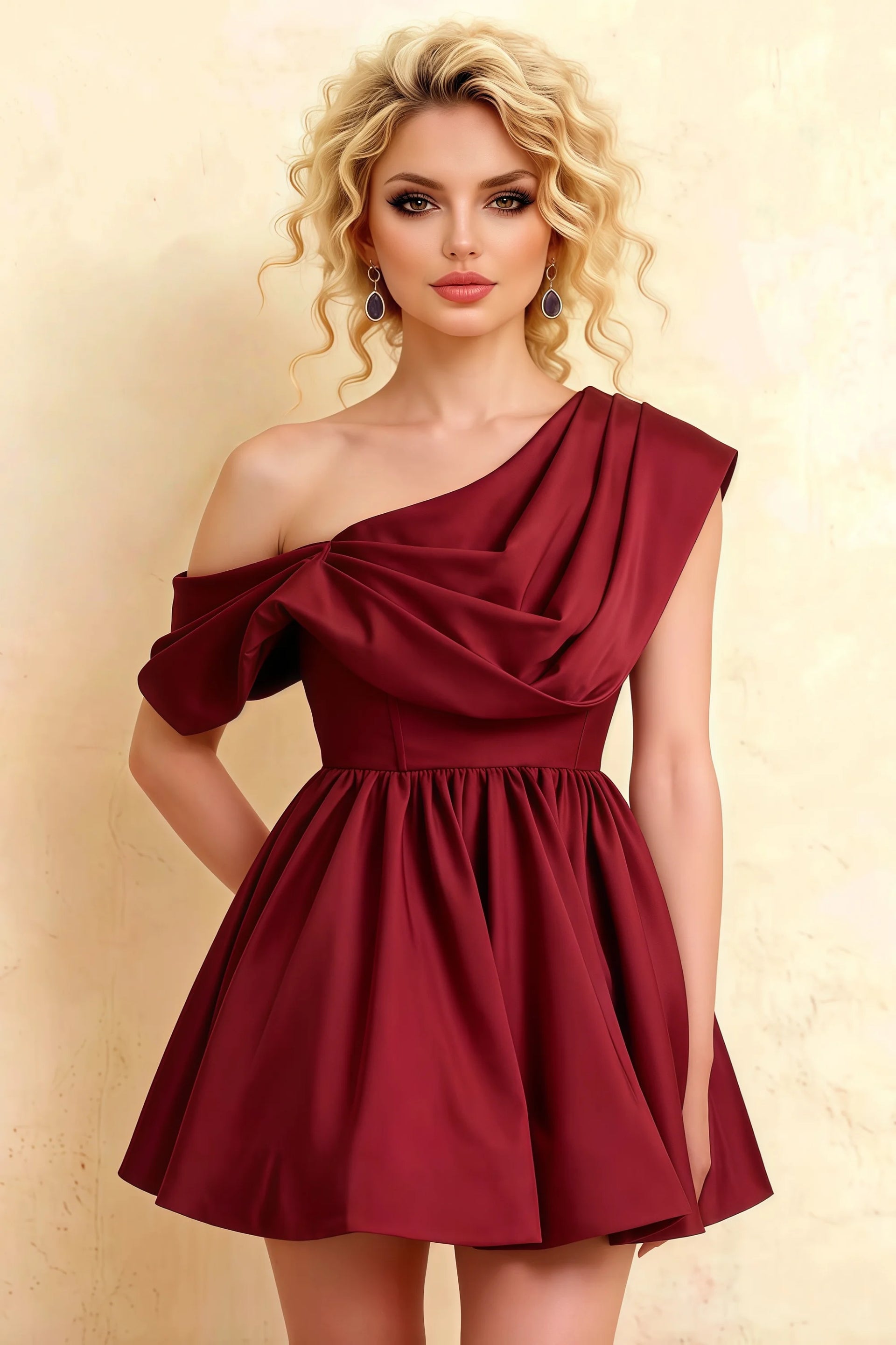 Plus Size Model in LVLVS Burgundy One Shoulder Dress with Elegant Draping Perfect for Semi-Formal Weddings and Evening Dinners